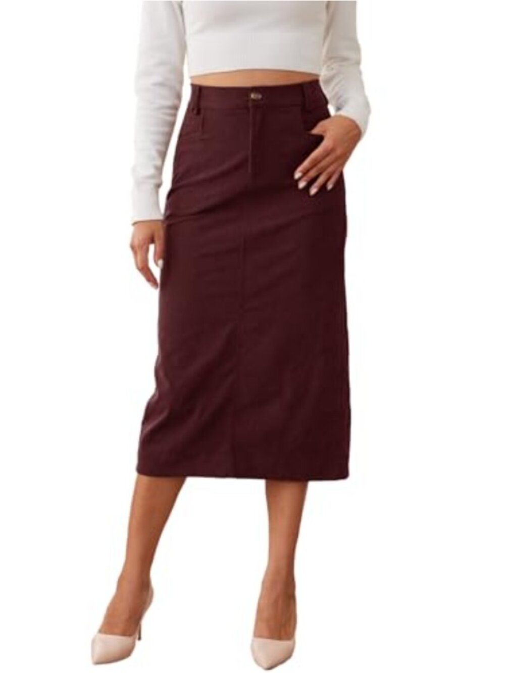 Womens Midi Corduroy Pencil Skirt High Waist Back Slit Pockets Fall Winter